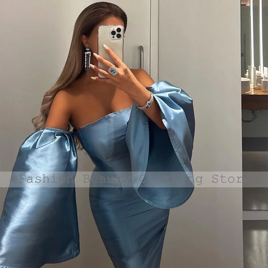 🍒Light blue satin evening dress for party maxi off the Shoulder outfits wide sleeve straight evening gowns ankle length strapless backless partywear shoulderless cocktail occasion wear Skies The Limit Just Get In It