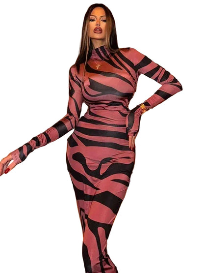 🍒Red striped long dress womens bodycon turtle neck zebra print mesh outfit clubwear party occasion wear clothing                       Catwalk Your Tiger