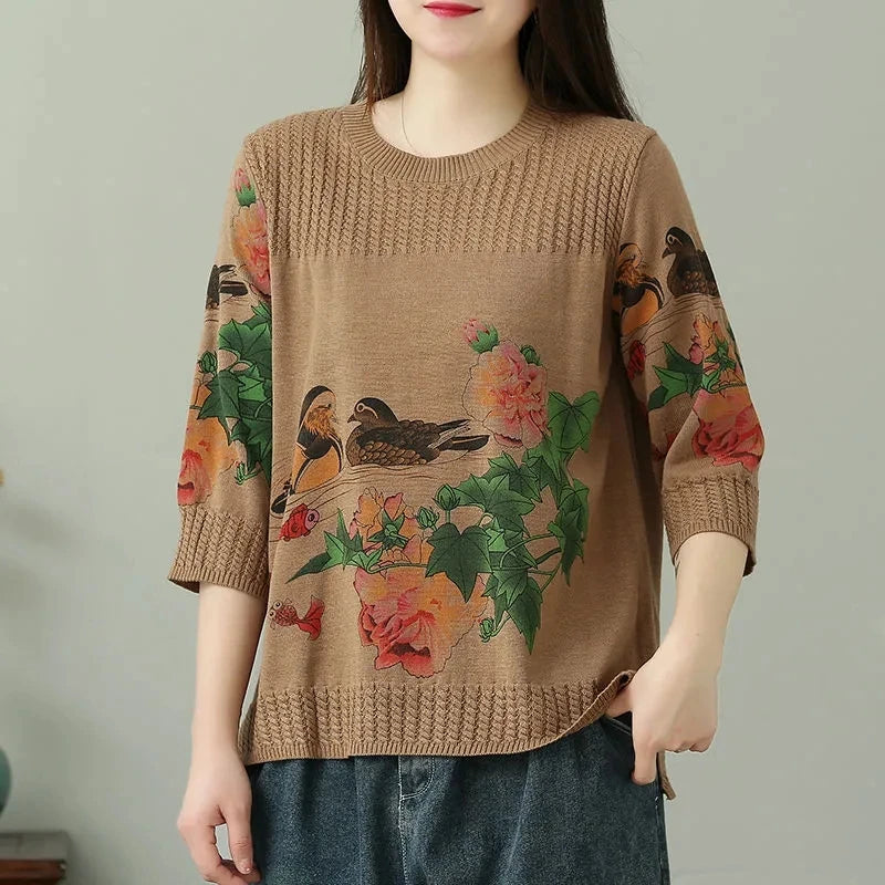 🍒Vintage print pullover loose And versatile knitted sweater women womens spring and summer tops  3/4 sleeve cotton autumn clothing Jump-er On The Flower Tree Top