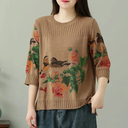 🍒Vintage print pullover loose And versatile knitted sweater women womens spring and summer tops  3/4 sleeve cotton autumn clothing Jump-er On The Flower Tree Top