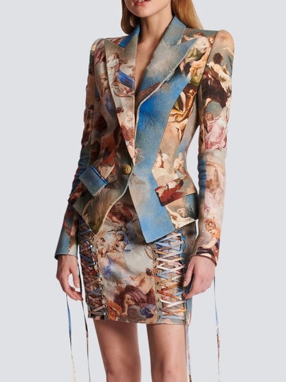 🍒Womens vintage printed blazer long sleeve button Jacket plus cross lace-up mini slim skirts sets evening wear clothing cherub classic print suit occasion party wear CROSS out boring SUITs on your list and get CLASSIC