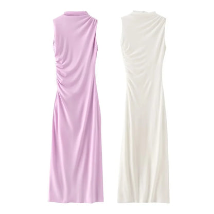 🍒Summer women's fashion solid colour ruched dress party occasion clothing midaxi outfit sleeveless