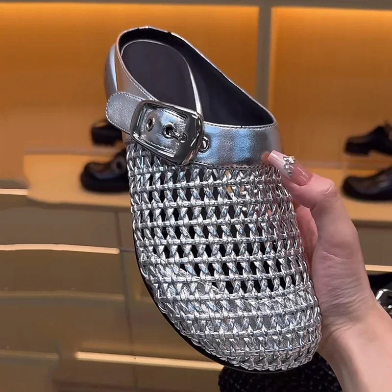 🍒Closed toe buckle sandals slide shoes womens elegant breathable  summer mesh mules rhinestone retro smart casual chic outdoor slippers