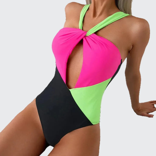 🍒Fashion swim suit one-piece pool part bathing suit women's Backless swimwear hollow cross-colour swimsuit          Tri Colour Stunner