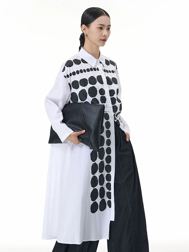 🍒Dot shirt black and white elegant plus size midi dress spring autumn fashion long sleeve fashion smart casual wear women Spot On Shirt