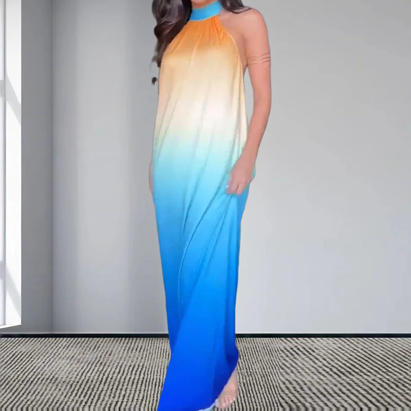 🍒Sleeveless gradient dress Printed evening summer party wear loose tie up halter outfit backless maxi pleated high waist dress Set Your Sight On A Sunset