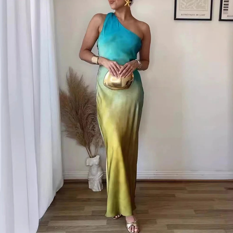 🍒Gradient dress women one shoulder dress maxi backless gown with design straps occasion party wear sleeveless outfit high waist evening wear Get Sunset Ready
