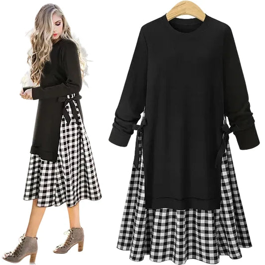 🍒Long sleeve round neck dress plaid a-line outfit midi plus size smart casual women black and white clothes  Put On Plaid-attitude