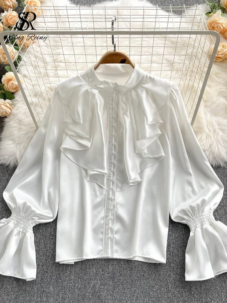 🍒High quality satin blouse loose puff sleeve shirt with flared sleeves ruffle shirt for party wear with beading top women’s feminine office wear Girly Pearl