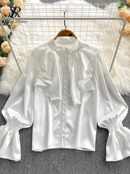 🍒High quality satin blouse loose puff sleeve shirt with flared sleeves ruffle shirt for party wear with beading top women’s feminine office wear Girly Pearl