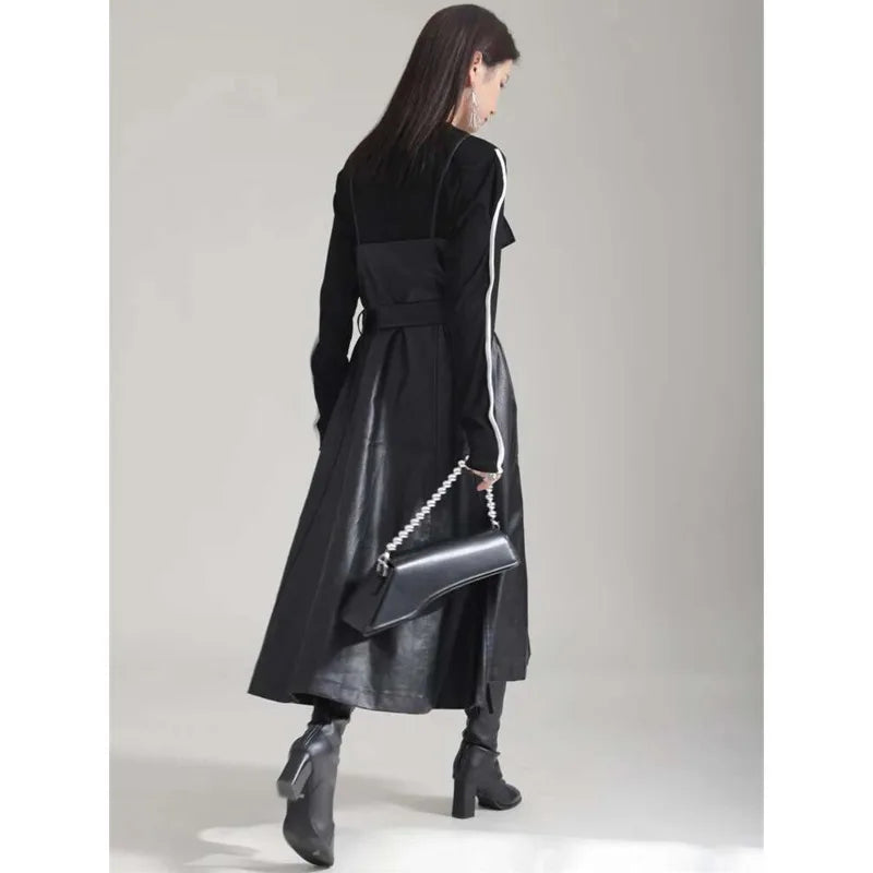 🍒Black faux leather dress spaghetti strap pu outfit with zip front sleeveless belted midi a-line dress party occasion wear sleeveless wear for women Like A Biker