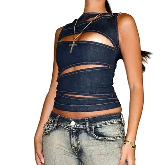 🍒Round neck sleeveless vest solid color crop cut out denim top summer wear for womens trendy fashion