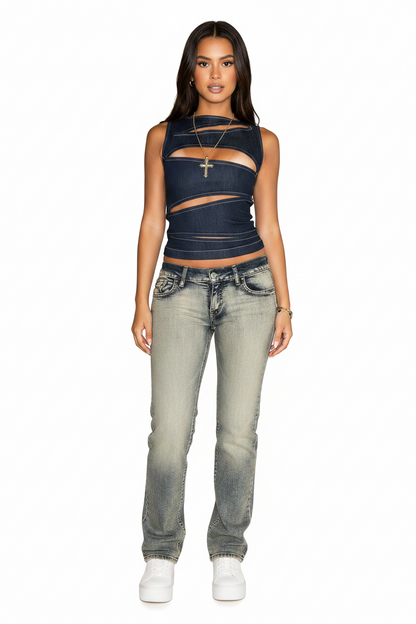🍒Round neck sleeveless vest solid color crop cut out denim top summer wear for womens trendy fashion