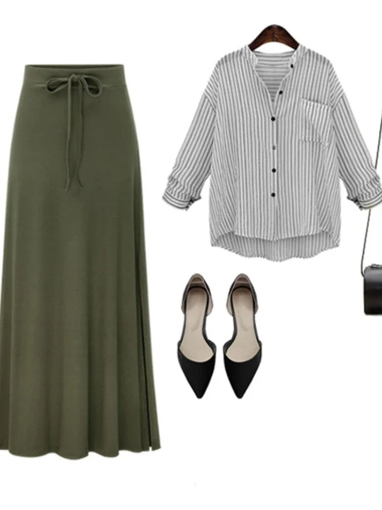 🍒Elasticated waist skirts a-line miidi cotton long loose bowknot casual clothing for women all season wear