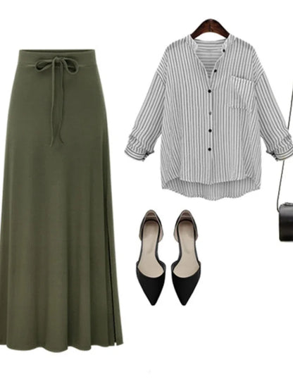 🍒Elasticated waist skirts a-line miidi cotton long loose bowknot casual clothing for women all season wear