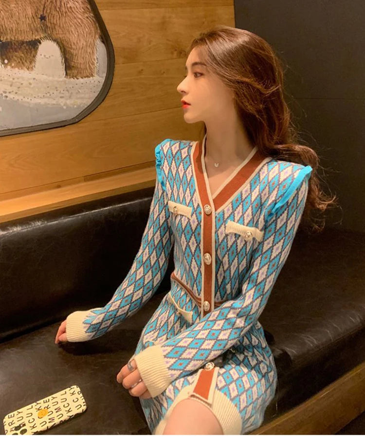 🍒Knitted dress for women v- neck autumn winter fashion french style clothing smart casual female outfit women diamond checkered clothing Playout Plaids