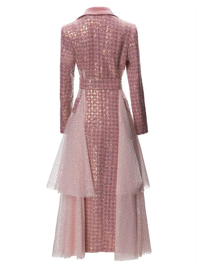 🍒Sequin trench coat design with mesh long sleeve coat with belt for women special occasion outerwear with fitted waist single breasted fashion feminine outdoor clothing