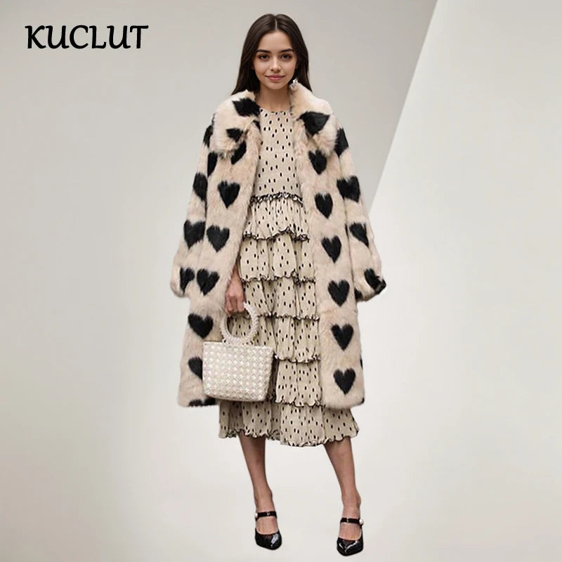 🍒Fashion versatile heart print faux fur coat long winter women plush warm Integrated furs coats Warm Hearting Fashion