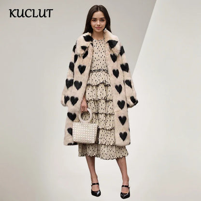 🍒Fashion versatile heart print faux fur coat long winter women plush warm Integrated furs coats Warm Hearting Fashion