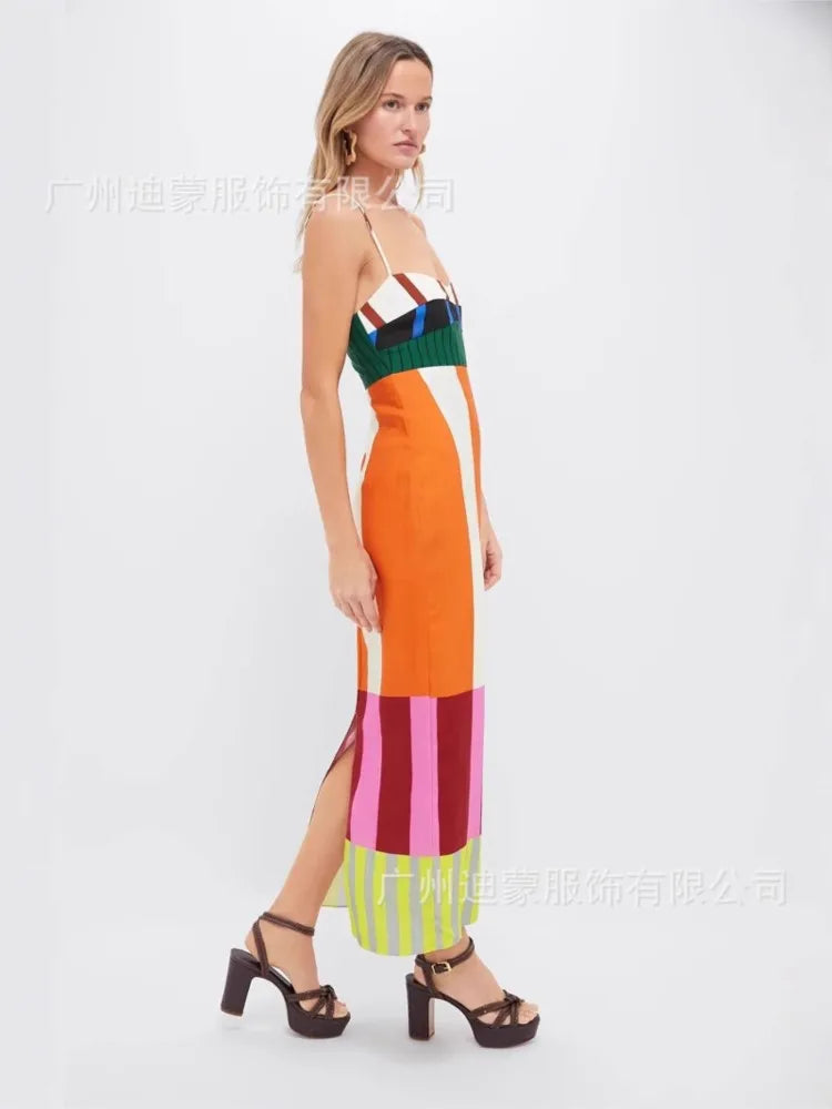 🍒 Colourful High waist maxi  striped dress fashion smart casual elegant party occasion wear long outfit women spaghetti strap bohemian summer fashion wear Their Will Be Double Takes With This Four Stripes