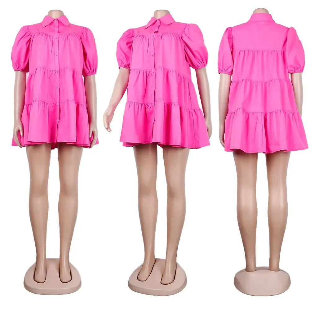 🍒Puff sleeve dress baby doll style single breasted lapel collar dress women mini outfit big swing loose smock dress  Get Puffed Out In A Swing