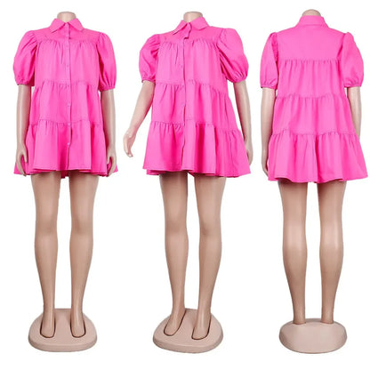 🍒Puff sleeve dress baby doll style single breasted lapel collar dress women mini outfit big swing loose smock dress  Get Puffed Out In A Swing