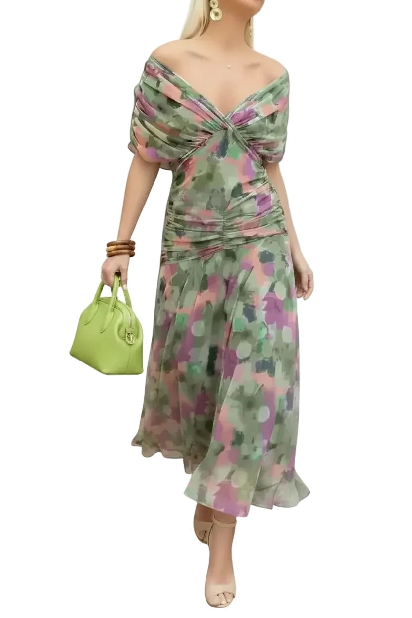 🍒Spring summer printed v-neck mesh off-shoulder dress versatile party outfits for vacation and weddings smart casual chiffon evening dress for women solid feminine clothing Off The Charts Off Shoulder