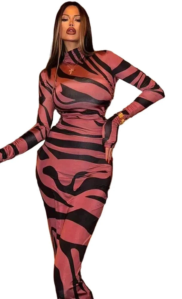 🍒Red striped long dress womens bodycon turtle neck zebra print mesh outfit clubwear party occasion wear clothing                       Catwalk Your Tiger