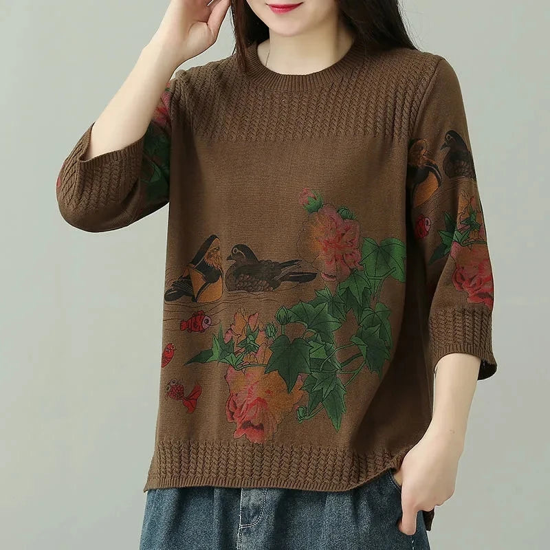 🍒Vintage print pullover loose And versatile knitted sweater women womens spring and summer tops  3/4 sleeve cotton autumn clothing Jump-er On The Flower Tree Top
