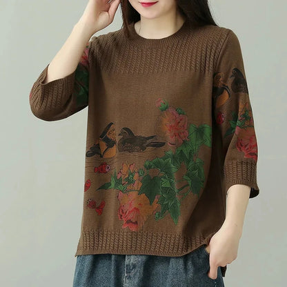 🍒Vintage print pullover loose And versatile knitted sweater women womens spring and summer tops  3/4 sleeve cotton autumn clothing Jump-er On The Flower Tree Top
