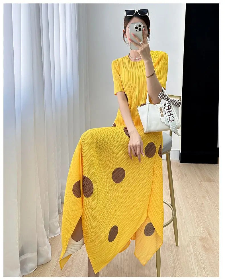 🍒Womens pleated dress summer smart casual ladies' high waist outfit with polka dots irregular fashion loose waist dress Dainty Dressy Dots