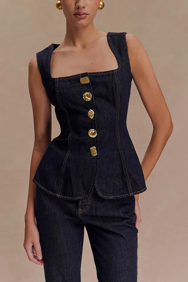 🍒Two piece sets for women piece Sets mom Jeans sleeveless denim tops and jean set long pants high waist Y2k style fashion elegant work clothing all match Get This Single Breast Double Denim And You Will Be Triple Excited