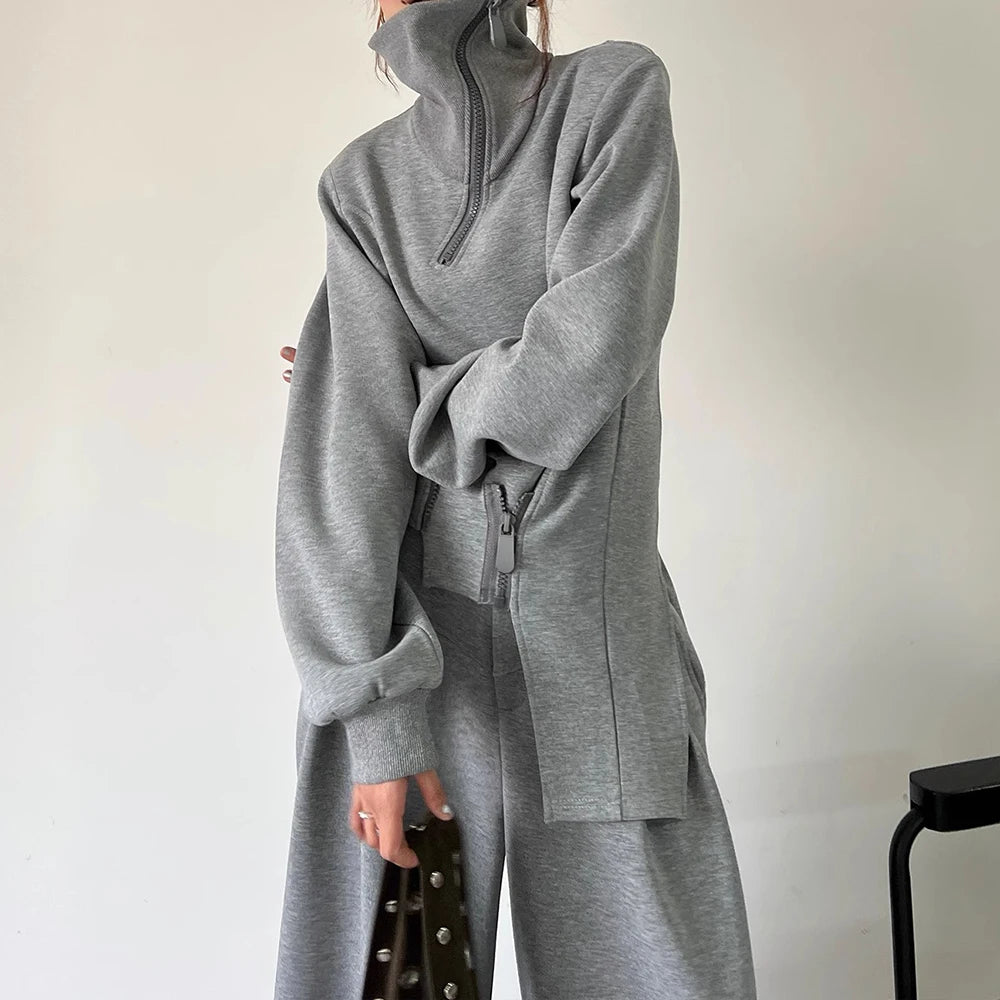 🍒 Solid two piece set smart casual clothing for women cool chic high neck jacket long sleeve zipper top and high waist wide leg pants set female fashion wears Fun Fashion flares