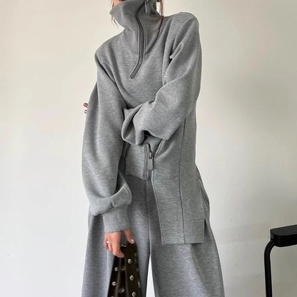 🍒 Solid two piece set smart casual clothing for women cool chic high neck jacket long sleeve zipper top and high waist wide leg pants set female fashion wears Fun Fashion flares