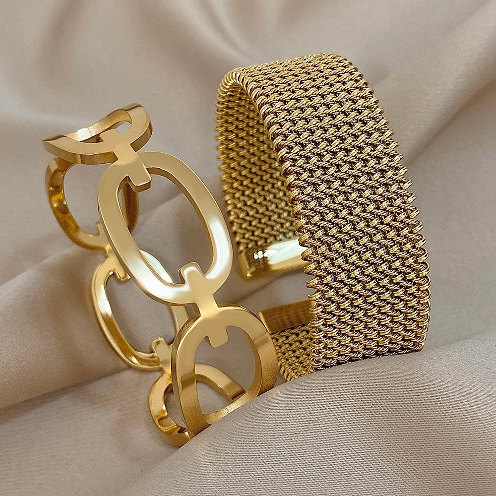 🍒Vintage Y2K stainless steel cuff bracelet wide weave open cuff bangle bracelet for women hollow waterproof stackable occasion jewellery for party smart casual jewellery gift Send A MESH -age