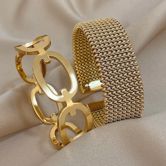 🍒Vintage Y2K stainless steel cuff bracelet wide weave open cuff bangle bracelet for women hollow waterproof stackable occasion jewellery for party smart casual jewellery gift Send A MESH -age