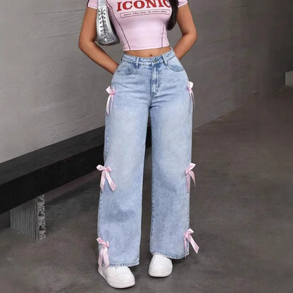🍒Womens wide leg jeans pants pink bows washed high waist denims distressed vintage Straight Ankle Length Trousers casual jeans wear You Will Be Blue If You Miss these sweet Denim Pinks