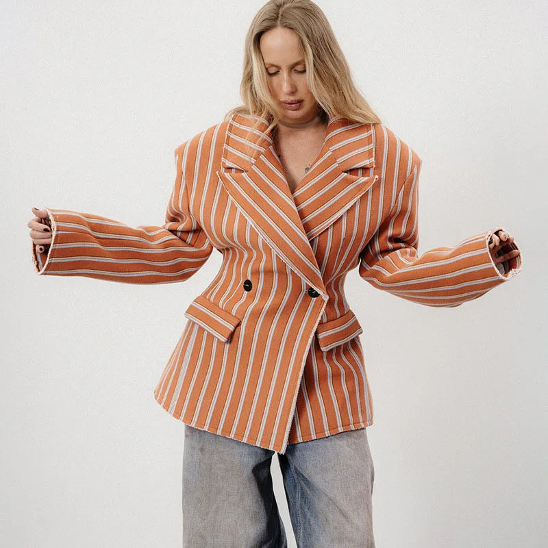 🍒Striped print blazer women's full Sleeve jacket with notched lapel collar double breasted spring coat fashion wear office clothing   Look Chocolate In Orange
