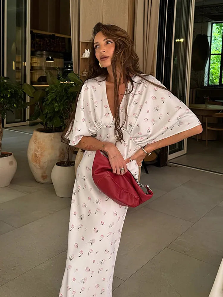 🍒Summer printed v-neck dress  with flower print womens fashion slim fit waist short butterfly sleeve long summer outfit with short sleeves high waist office wear cute comfy casu classy