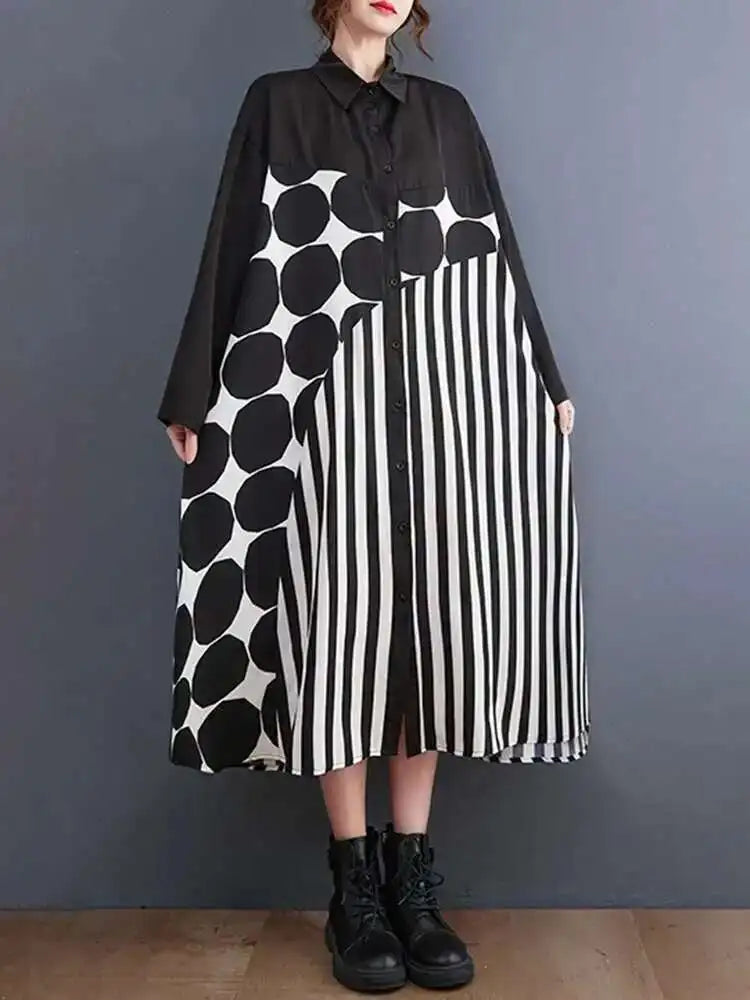 🍒Black polka dot a-line dress plus size Asymmetry shirt dress midi women's long sleeve summer outfits fashion smart casual Get An Angle On A- Triangle