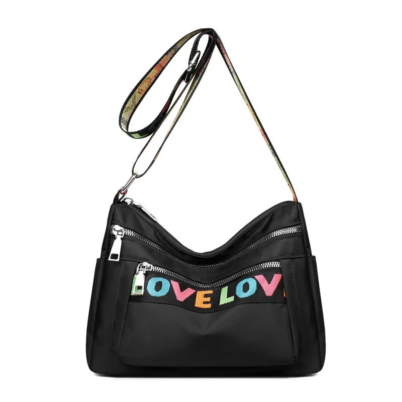 🍒Womens handbag oxford fabric bag large capacity crossbody with multiple compartments fashion accessory casual carry bag with colourful font Get A Handle On Love