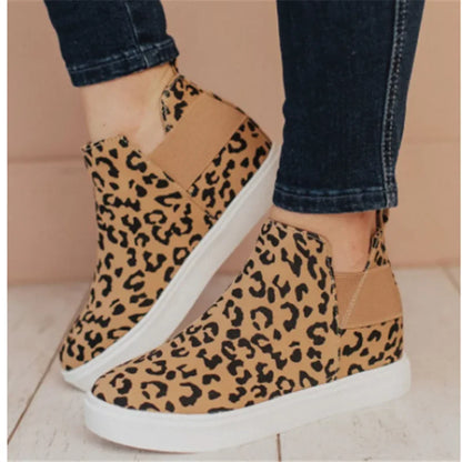 🍒Canvas casual boots spring summer and autumn large size type skate shoes women round toe mid top sneakers casual elastic mouth lazy flat footwear Go On A Leopard Walk