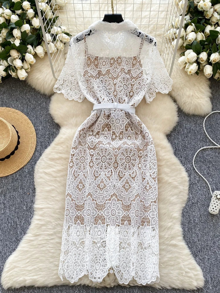 🍒White long lace dress for women short sleeve turn down collar elegant occasion party wedding reception outfit high waist Y2k fashion Lacey Bow Loves This So Will You!
