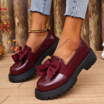 🍒Bow shoes for women's smart casual platform loafers fashion wine red patent leather footwear comfort slip on flat pumps plus size available Bob Along Bows