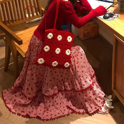 🍒Layered maxi skirt for women strawberry ball stretch high waisted fashion vintage clothing elegant loose long skirt female summer casual wear Get This Skirt And Put The Cream On Your Strawberry