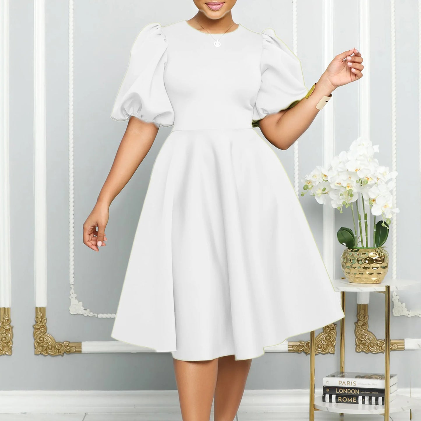 🍒Elegant dresses for woman o neck short sleeve outfit for birthday party high waisted pleated puff sleeves female fashion wear occasion wear evening party wear mid calf luxury B'day Bopper Beauty Babe