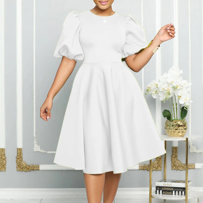 🍒Elegant dresses for woman o neck short sleeve outfit for birthday party high waisted pleated puff sleeves female fashion wear occasion wear evening party wear mid calf luxury B'day Bopper Beauty Babe