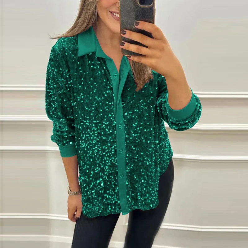 🍒Sparkly sequin blouse womens party shirt single breasted lapel long sleeve occasion wear top Glissy Gold