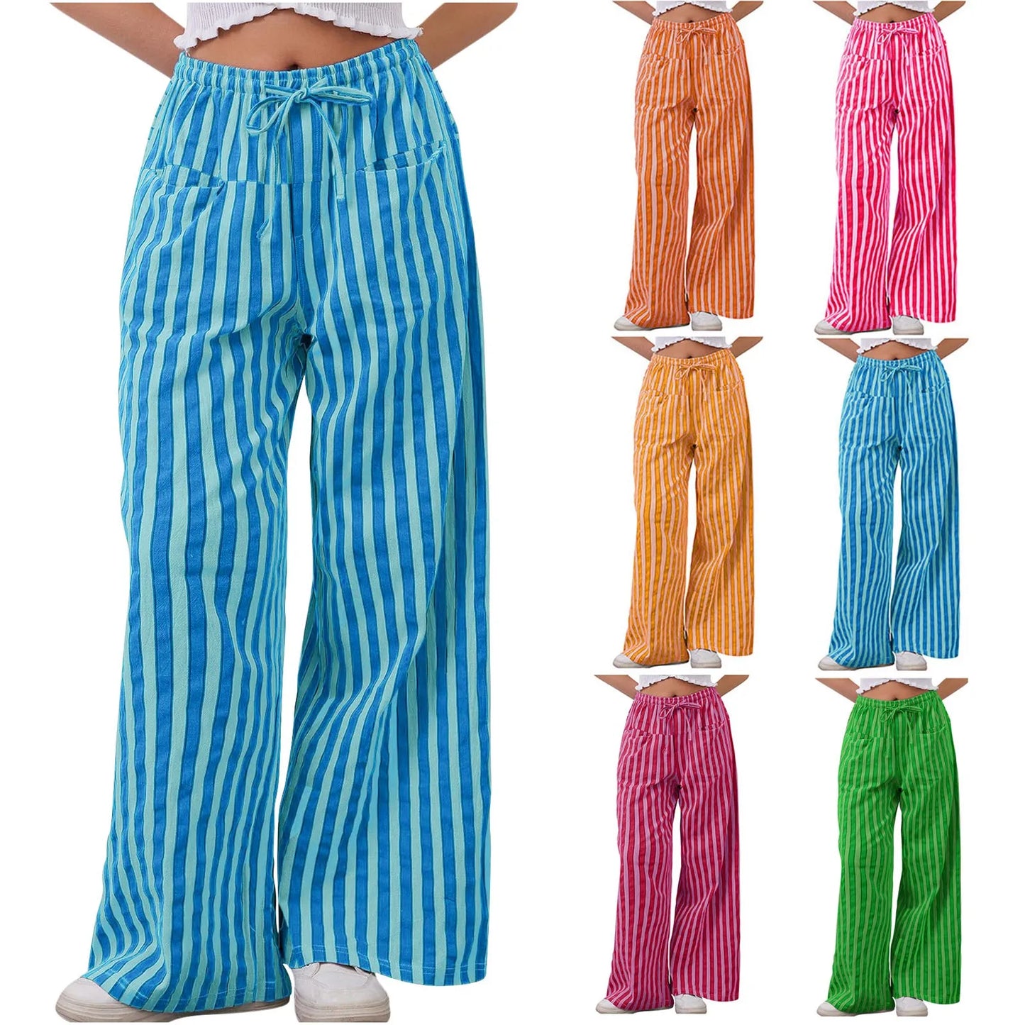 🍒Stripe wide leg pants high waist ealstic trousers drawstring wide leg baggy bottoms womens casual high street clothing with pocket Get slouchy In Stripy Slacks
