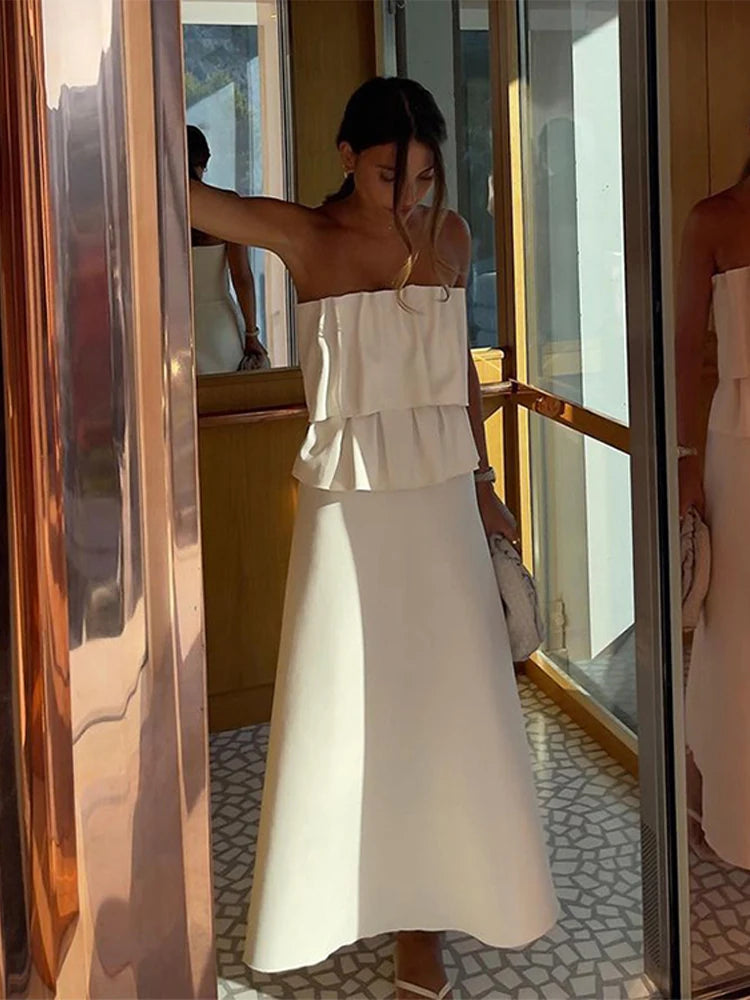 🍒strapless maxi dress with tiers folds womens slim fit off shoulder a-line gown sleeveless dresses female summer evening party wear Style To The Max